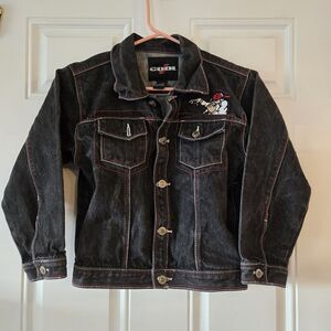 Vintage Cool J Jean Jacket Kids Size Medium 6 Black Denim Red White Embroidered
